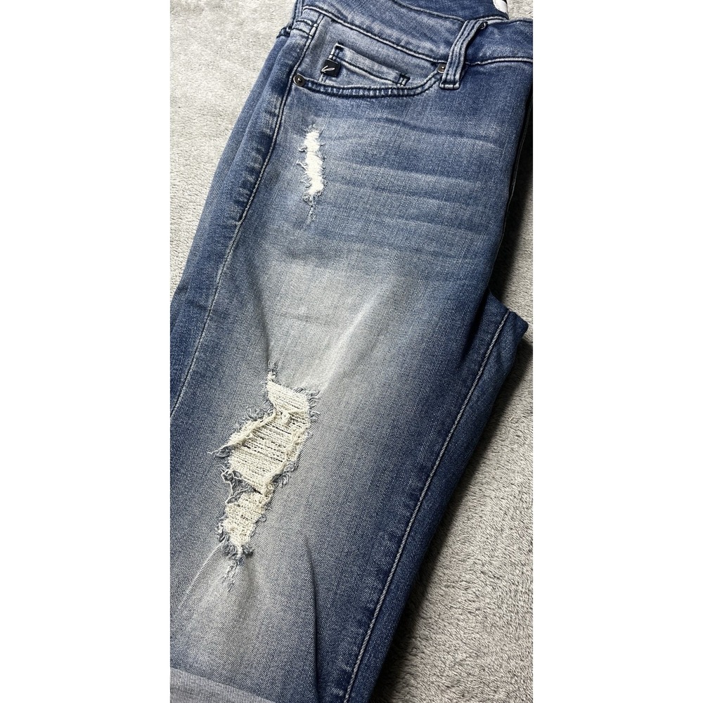 KanCan Women Distressed Denim Bermuda Shorts Medium Wash Cuffed Hem High Rise